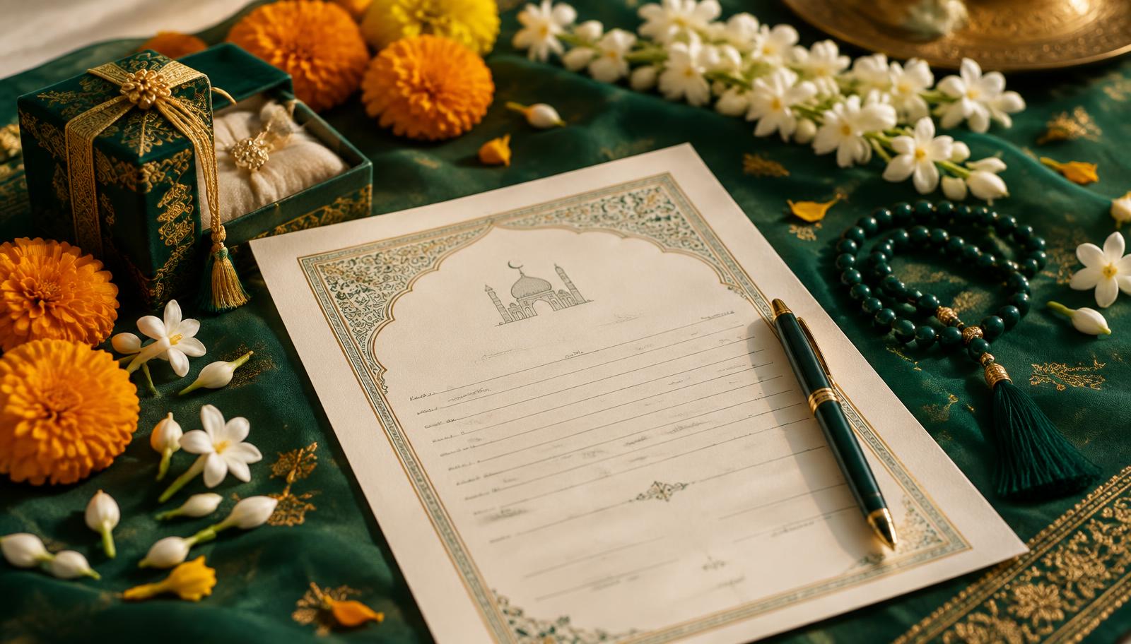 Nikahnama with a pen, mahr gift box, tasbih and marigold and jasmine flowers on an emerald cloth
