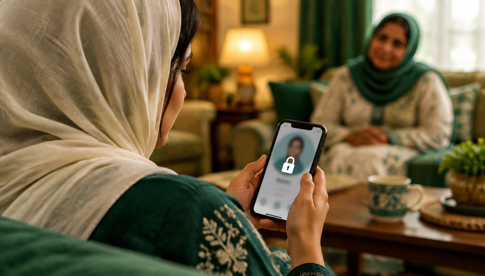 Young Muslim woman checking a private, locked matrimony profile on her phone while her mother sits nearby