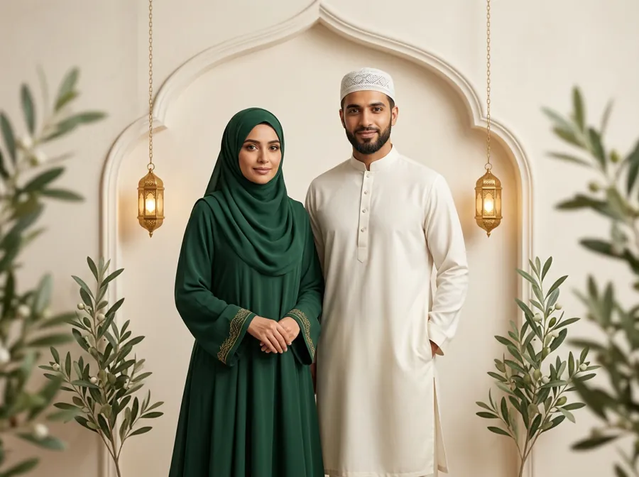 Photograph of a Muslim couple beneath an arch